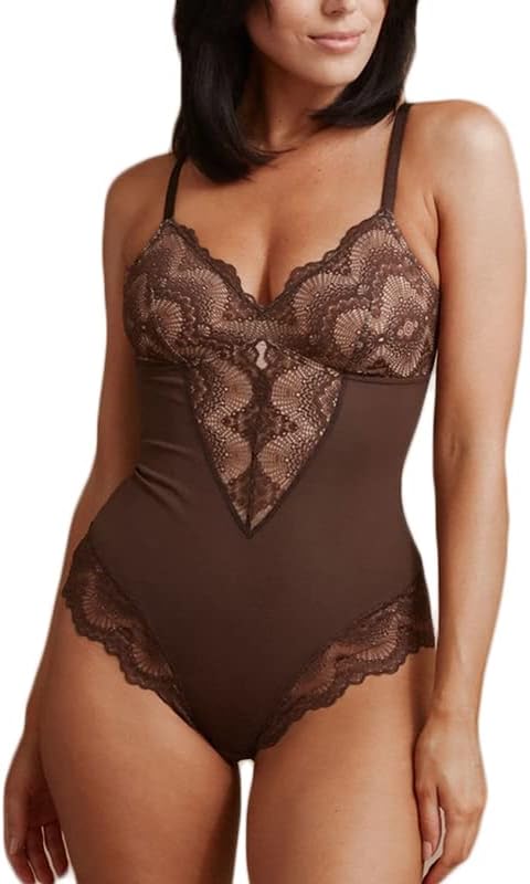 SMZ Women's Sexy Lace Shapewear Bodysuit Corset Slimming Body Shaper Tummy Control Body Shaper V Neck Camisole Nightwear
