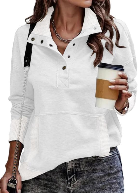 SMZ Womens Sweatshirt Casual Long Sleeve Lightweight Sweatshirts Button Loose Pullover Tops