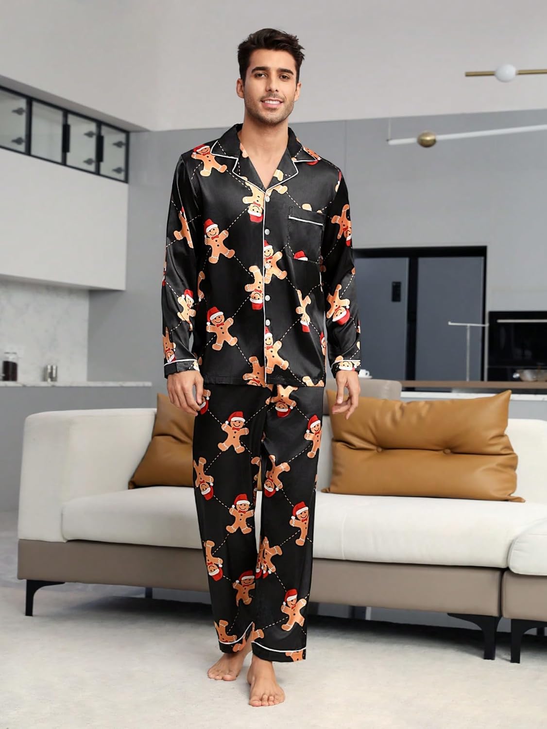 SMZ Men's 2 Piece Pajama Set Cartoon Graphic Long Sleeve Button Shirt and Pants Sleepwear Set