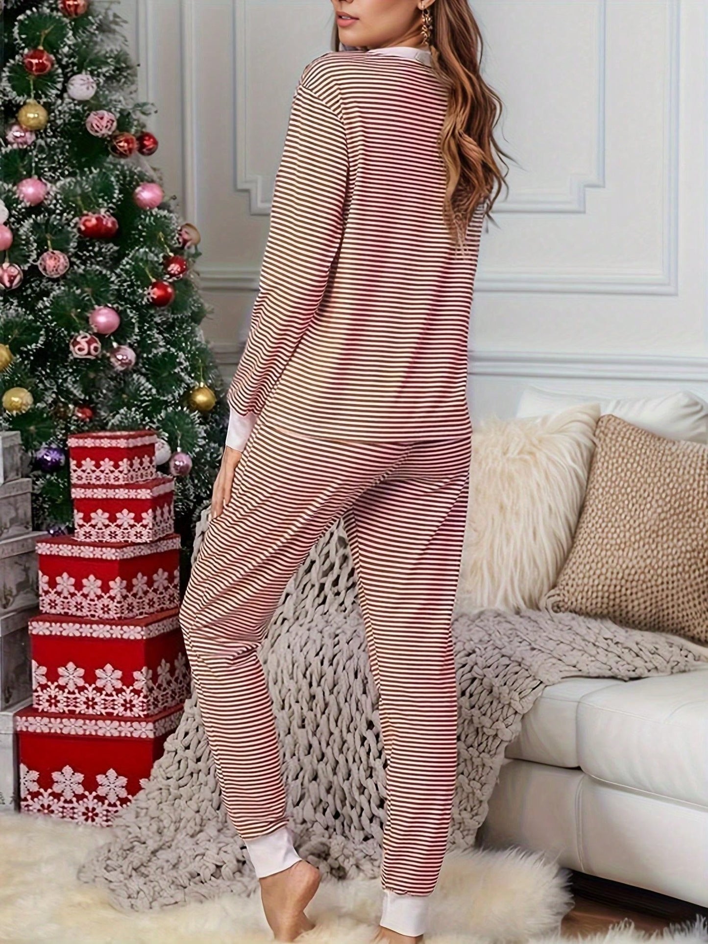 2pcs/Set Christmas Striped V-Neck Long Sleeve Pajama Set, Autumn/Winter