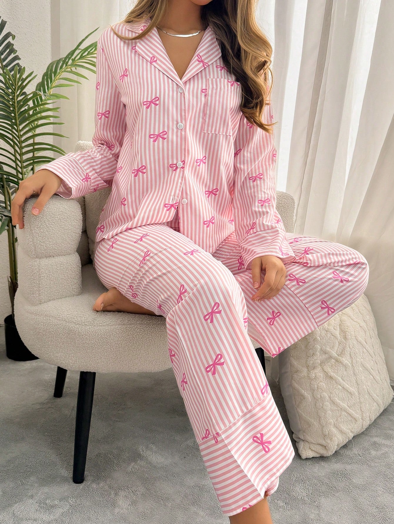 SMZ SweetSlumber Bow Tie & Striped Print Long Sleeve Pajama Set