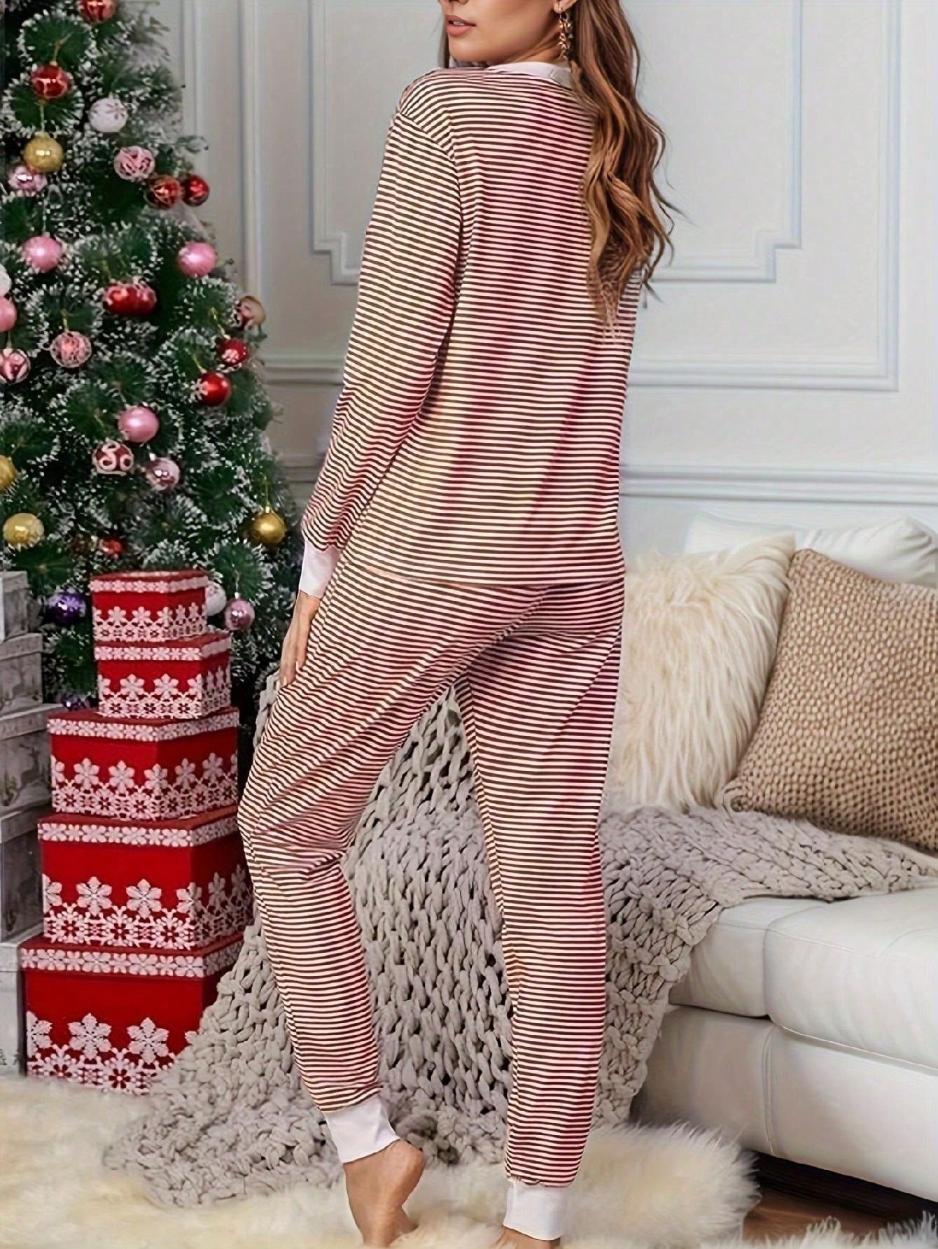 2pcs/Set Christmas Striped V-Neck Long Sleeve Pajama Set, Autumn/Winter