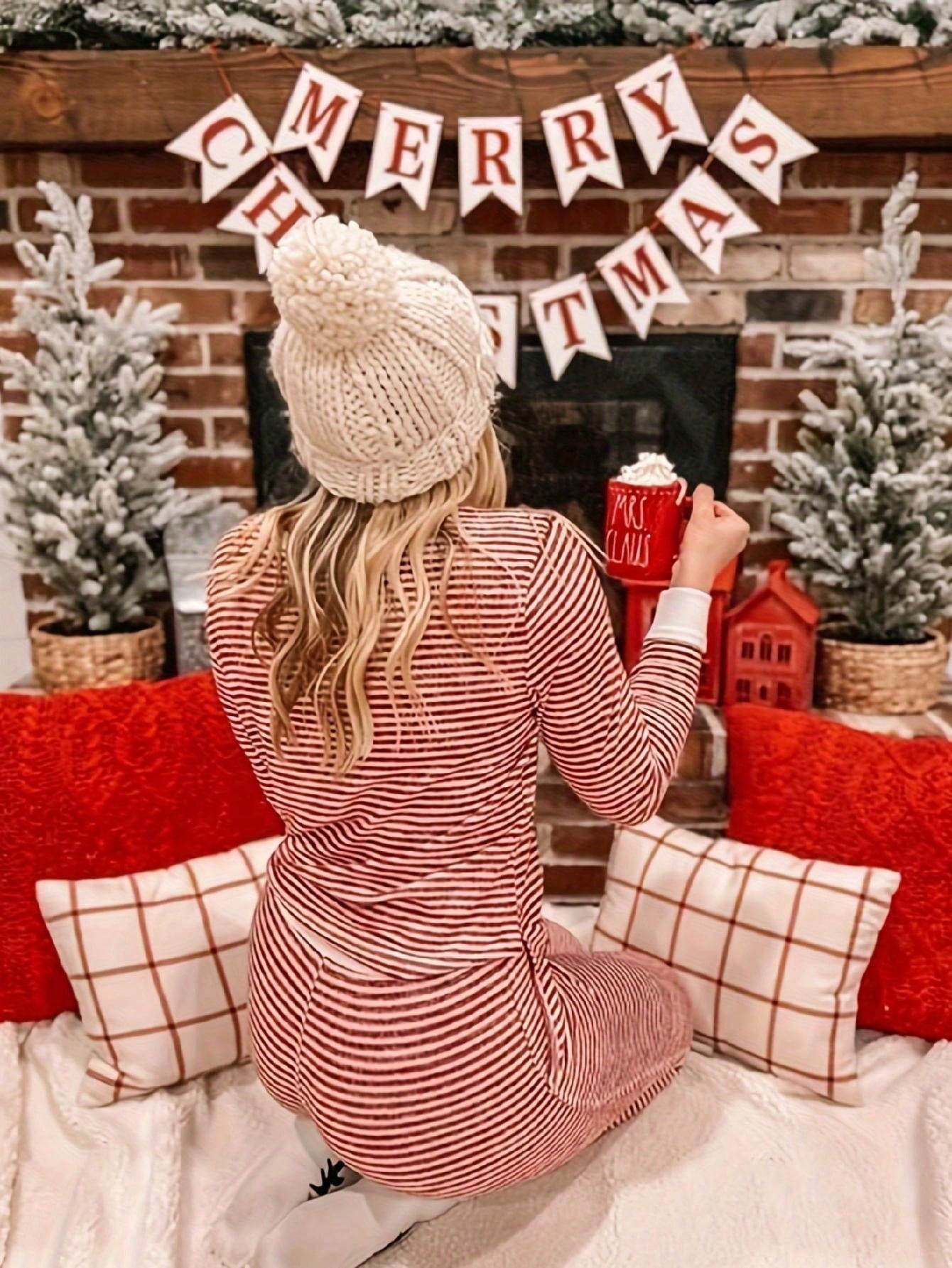 2pcs/Set Christmas Striped V-Neck Long Sleeve Pajama Set, Autumn/Winter