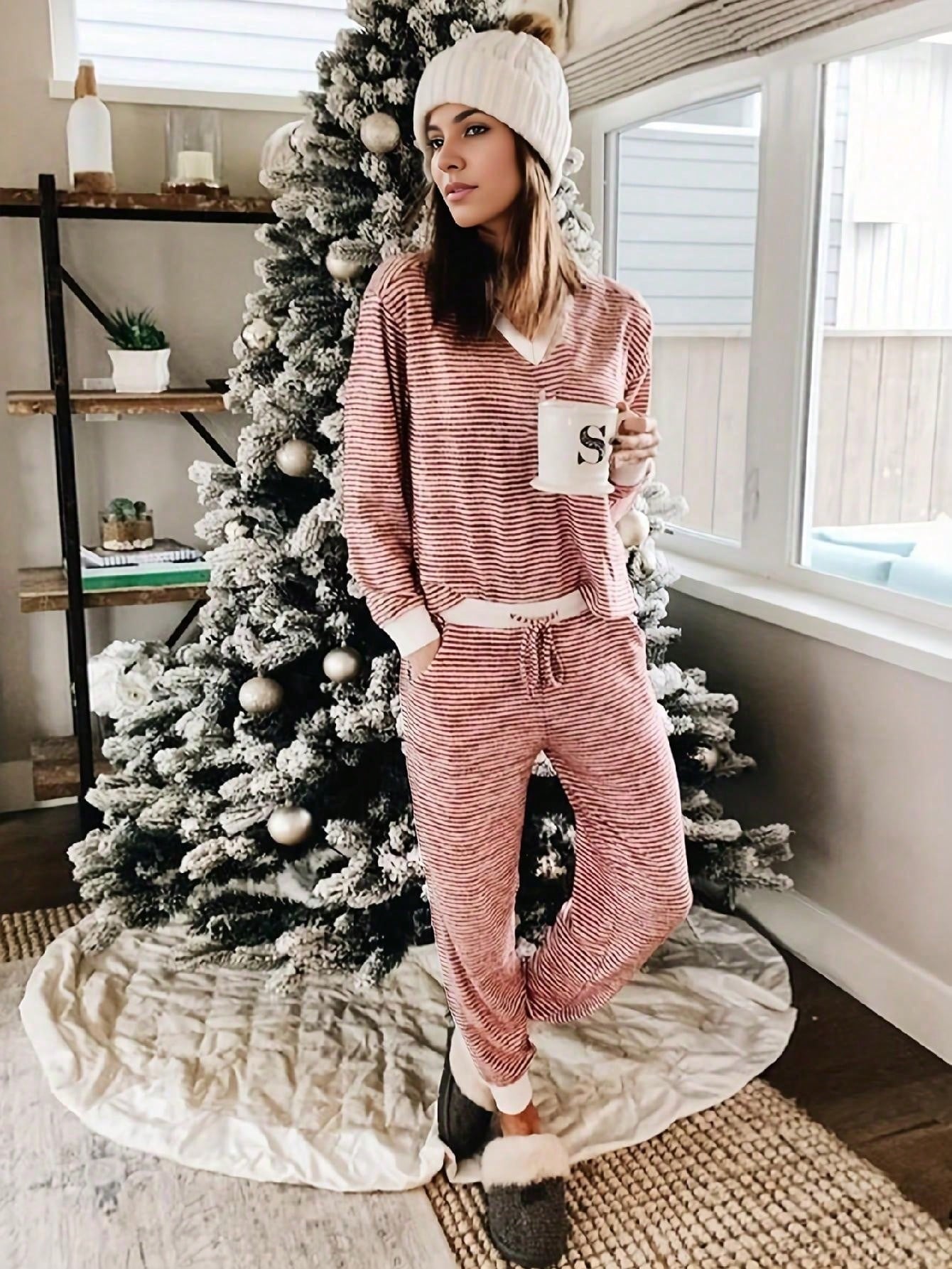 2pcs/Set Christmas Striped V-Neck Long Sleeve Pajama Set, Autumn/Winter