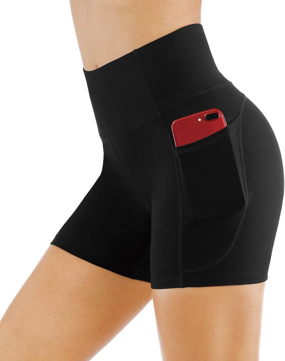 High Waist Yoga Shorts for Women's Tummy Control Fitness Athletic Workout Running Shorts with Deep Pockets