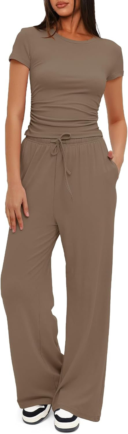 omen's 2 Piece Outfits Lounge Sets Ruched Short Sleeve Tops High Waisted Wide Leg Pants Tracksuit Sets