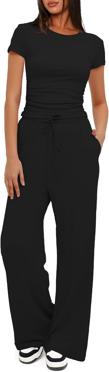 omen's 2 Piece Outfits Lounge Sets Ruched Short Sleeve Tops High Waisted Wide Leg Pants Tracksuit Sets