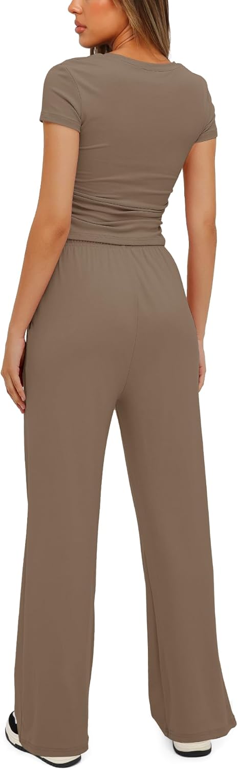 omen's 2 Piece Outfits Lounge Sets Ruched Short Sleeve Tops High Waisted Wide Leg Pants Tracksuit Sets