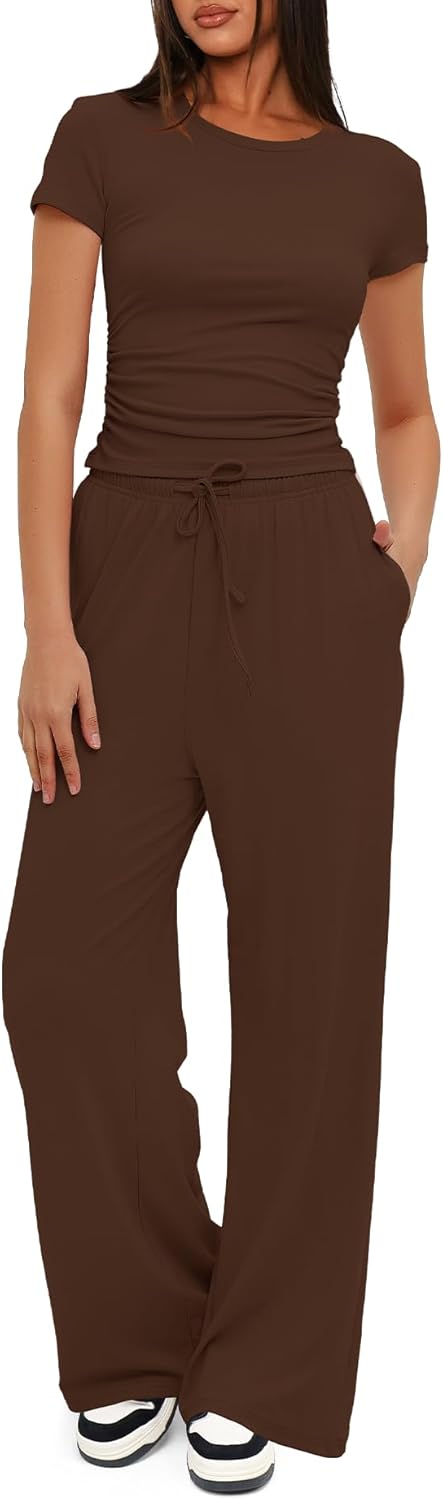 omen's 2 Piece Outfits Lounge Sets Ruched Short Sleeve Tops High Waisted Wide Leg Pants Tracksuit Sets