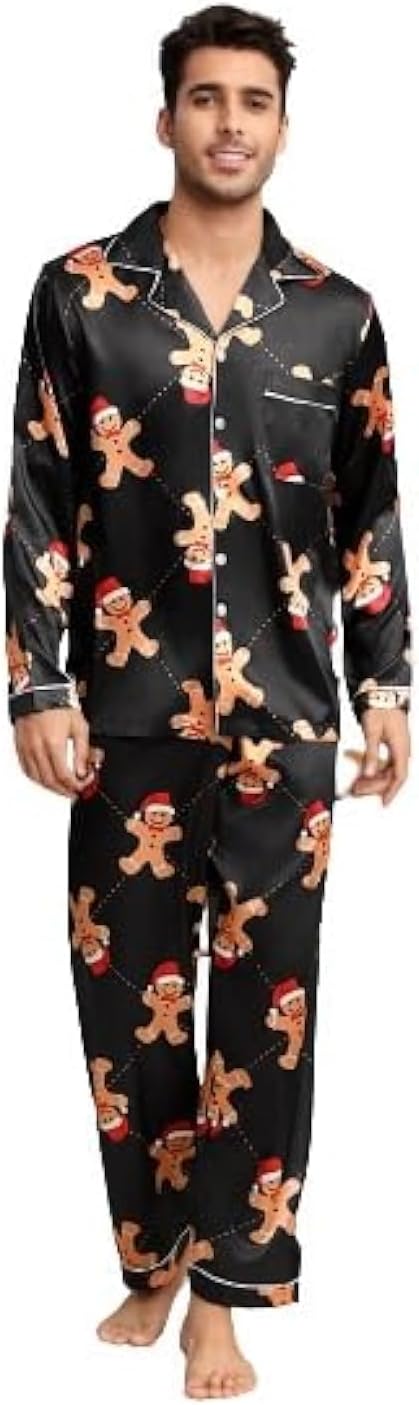 SMZ Men's 2 Piece Pajama Set Cartoon Graphic Long Sleeve Button Shirt and Pants Sleepwear Set