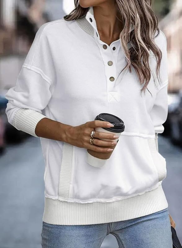 SMZ Womens Sweatshirt Casual Long Sleeve Lightweight Sweatshirts Button Loose Pullover Tops