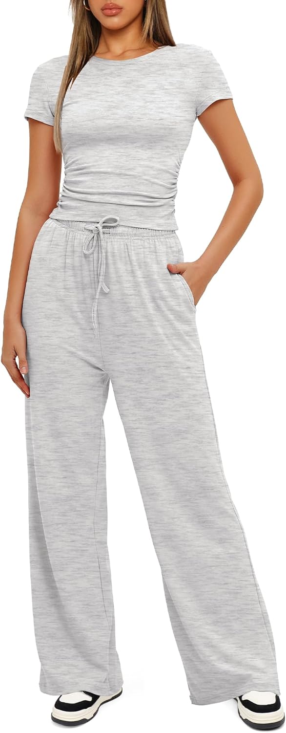 omen's 2 Piece Outfits Lounge Sets Ruched Short Sleeve Tops High Waisted Wide Leg Pants Tracksuit Sets