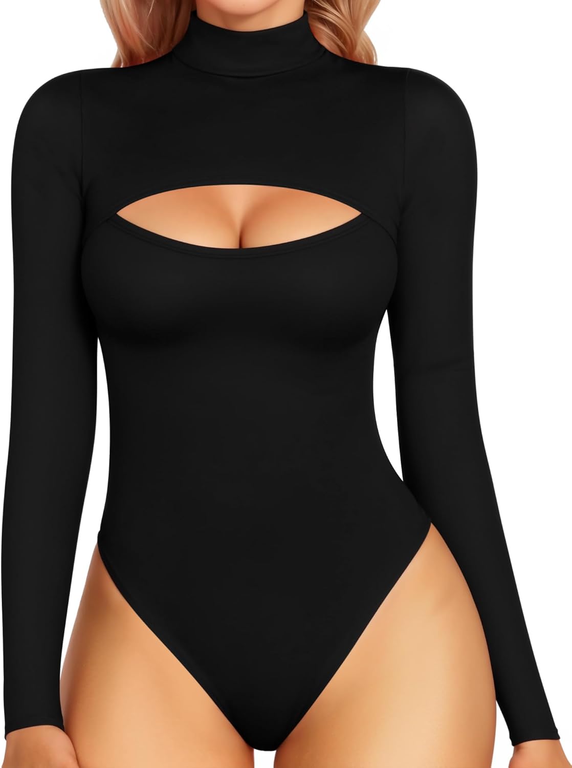 SMZ Mock Neck Cutout Front Top Long Sleeve Bodysuits for Women