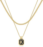 Hismart Gold Layered Initial Necklaces for Women Girls, Dainty Layered Initial Necklaces for Women with Black Square Pendant Alphabet A-Z Cuban Chain Choker Necklace for Women Teen Girls Jewelry Gifts