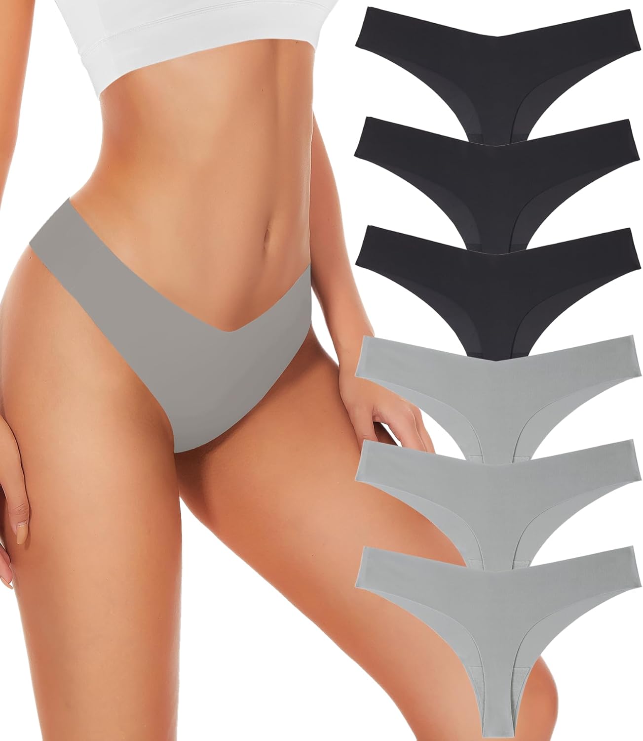SMZ Seamless Thongs For Women V-waisted No Show Thong Seamless Panties Breathable Comfortable Underwear Womens 6-Pack