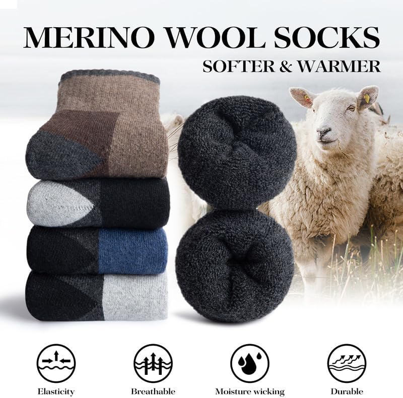 Merino Wool Hiking Socks for Men - 5 Pairs Thick, Warm, Thermal Winter Crew Socks for Cold Weather (US Size 7-13)