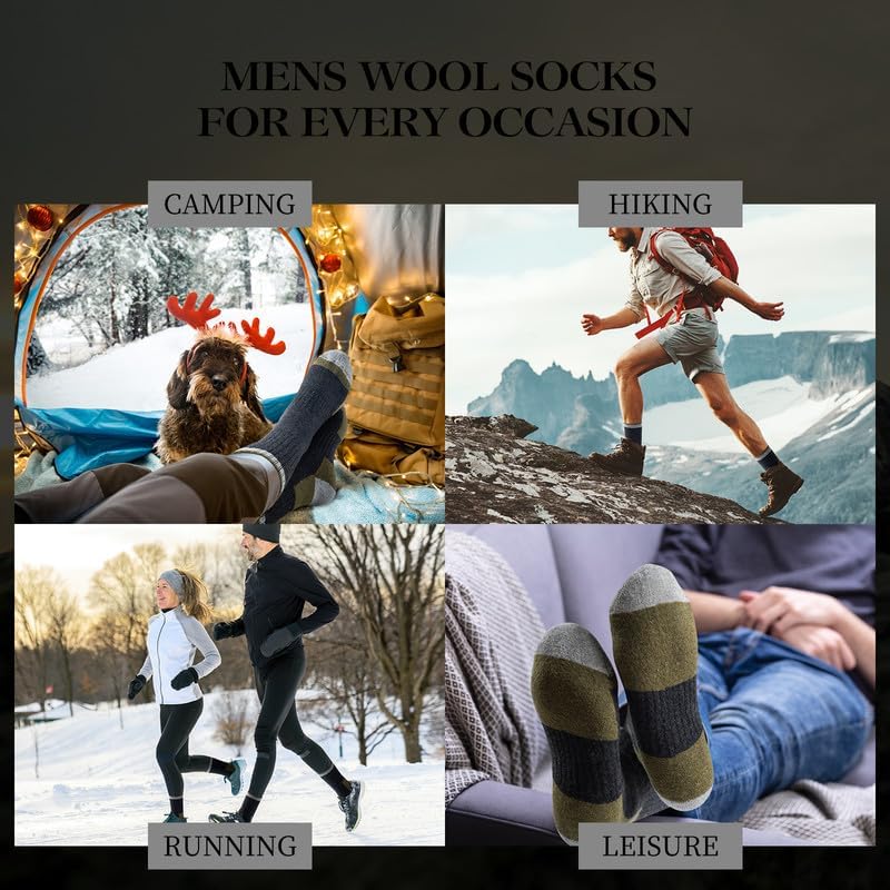 Merino Wool Hiking Socks for Men - 5 Pairs Thick, Warm, Thermal Winter Crew Socks for Cold Weather (US Size 7-13)