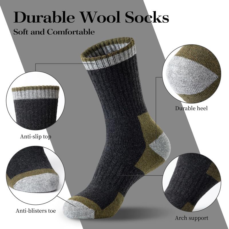 Merino Wool Hiking Socks for Men - 5 Pairs Thick, Warm, Thermal Winter Crew Socks for Cold Weather (US Size 7-13)