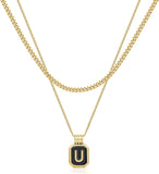 Hismart Gold Layered Initial Necklaces for Women Girls, Dainty Layered Initial Necklaces for Women with Black Square Pendant Alphabet A-Z Cuban Chain Choker Necklace for Women Teen Girls Jewelry Gifts