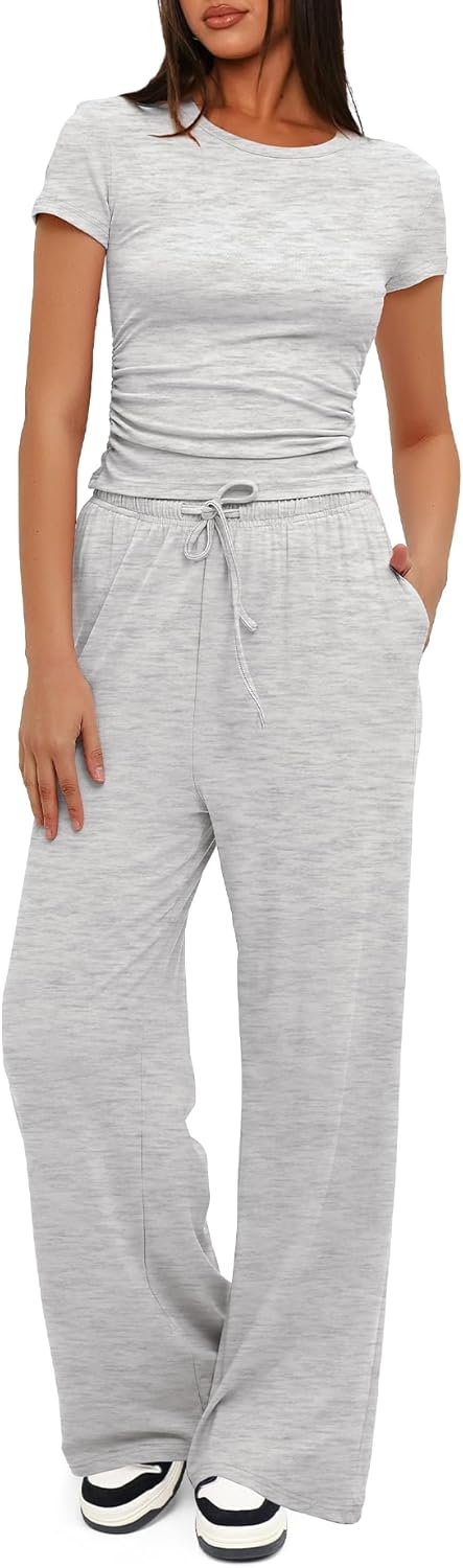 omen's 2 Piece Outfits Lounge Sets Ruched Short Sleeve Tops High Waisted Wide Leg Pants Tracksuit Sets