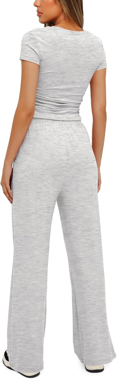 omen's 2 Piece Outfits Lounge Sets Ruched Short Sleeve Tops High Waisted Wide Leg Pants Tracksuit Sets