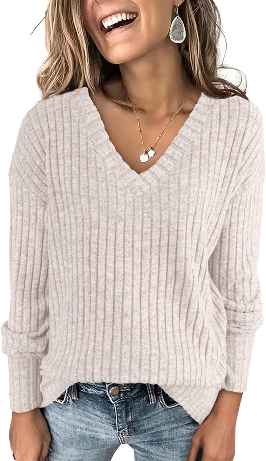 SMZ Long Sleeve Shirts for Women V Neck Casual Fall Tops Loose Fit Lightweight Sweaters Tunic Fashion 2024 Clothes