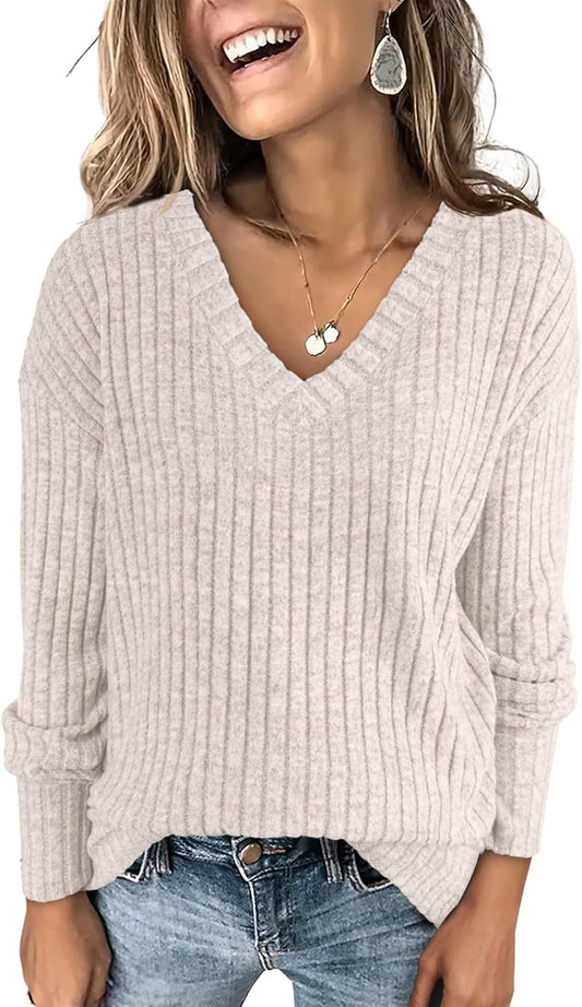 SMZ Long Sleeve Shirts for Women V Neck Casual Fall Tops Loose Fit Lightweight Sweaters Tunic Fashion 2024 Clothes