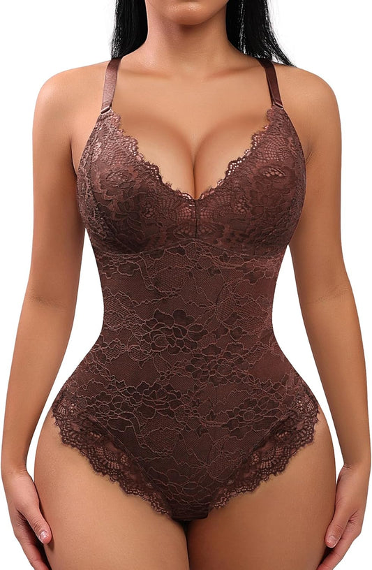 Shapewear Bodysuits for Women Lace Shapewear Tummy Control V-Neck Sleeveless Bodysuit Tops Jumpsuit