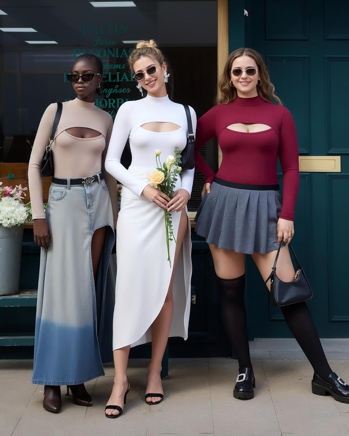 SMZ Mock Neck Cutout Front Top Long Sleeve Bodysuits for Women