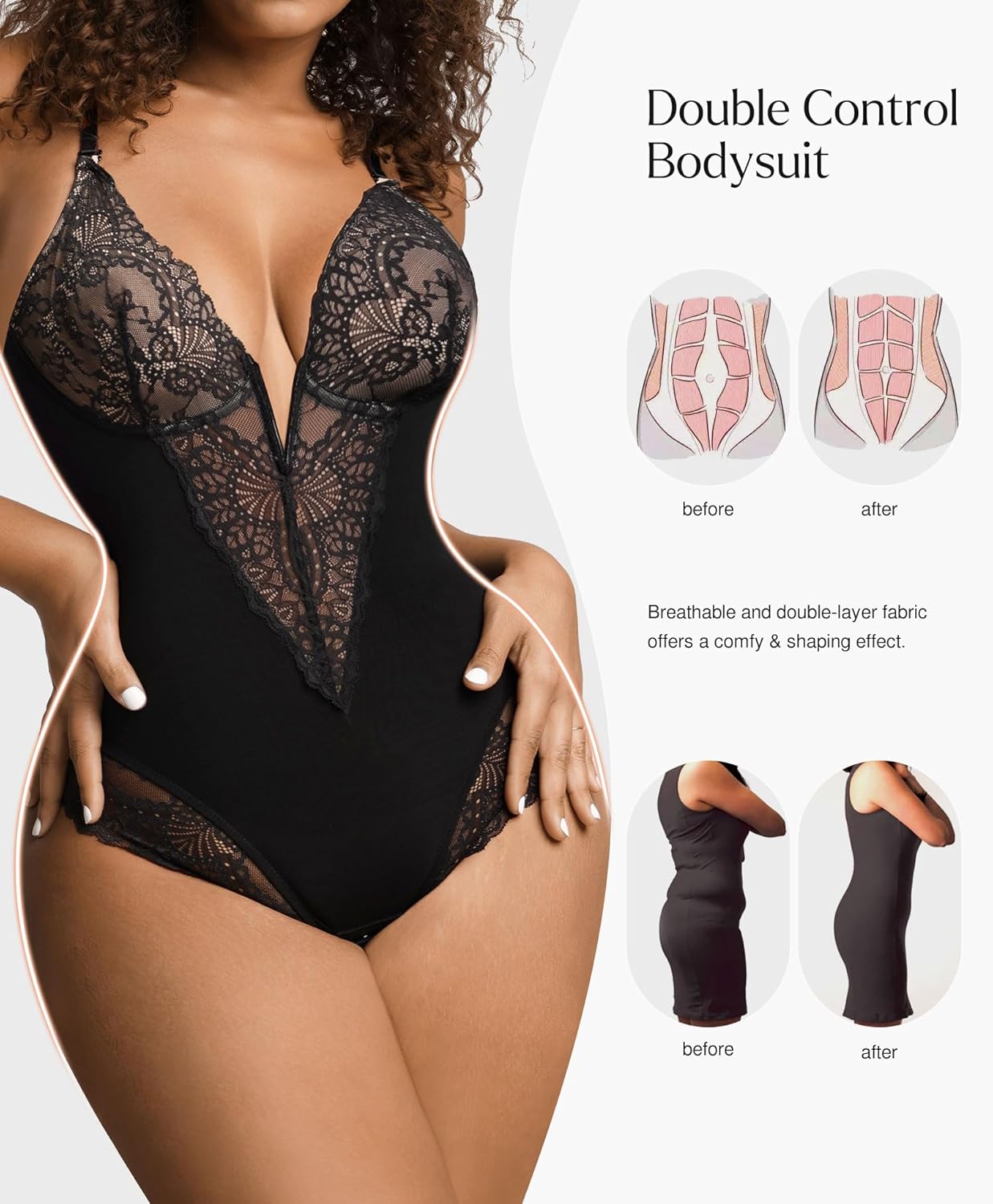 Lace Shapewear Bodysuit Tummy Control Corset Tops V Neck Sleeveless Backless Body Suit Thongs