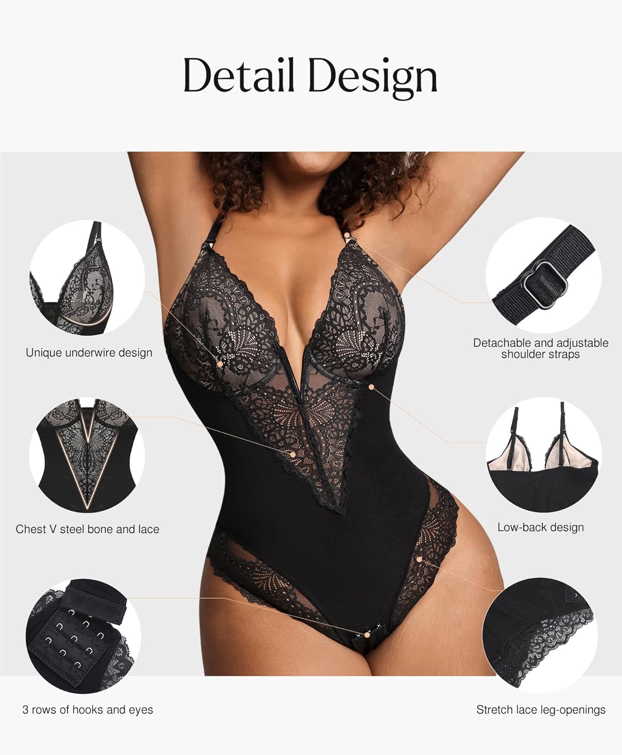 Lace Shapewear Bodysuit Tummy Control Corset Tops V Neck Sleeveless Backless Body Suit Thongs