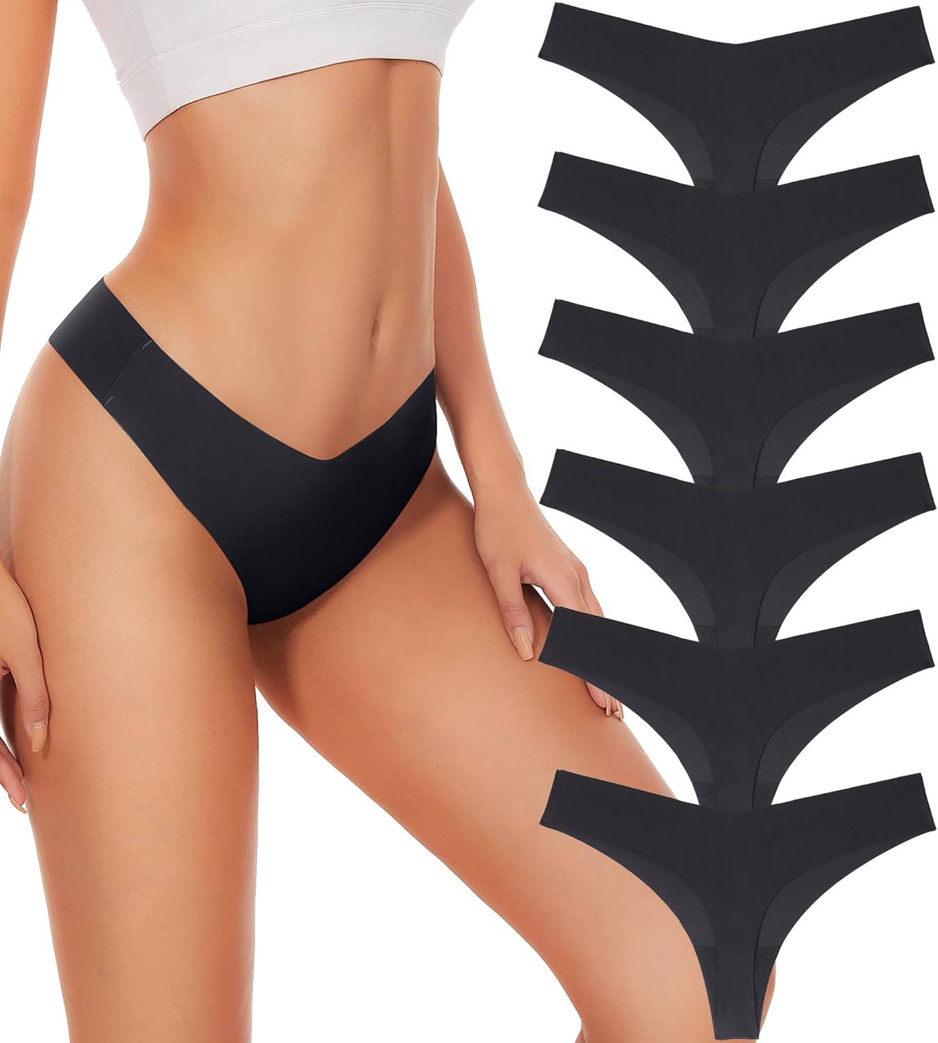 SMZ Seamless Thongs For Women V-waisted No Show Thong Seamless Panties Breathable Comfortable Underwear Womens 6-Pack