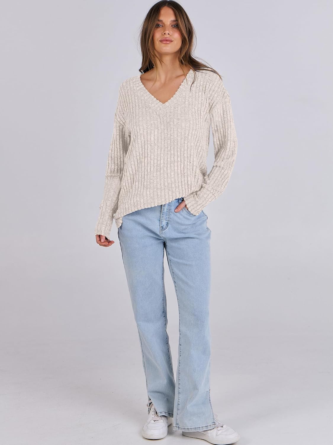 SMZ Long Sleeve Shirts for Women V Neck Casual Fall Tops Loose Fit Lightweight Sweaters Tunic Fashion 2024 Clothes