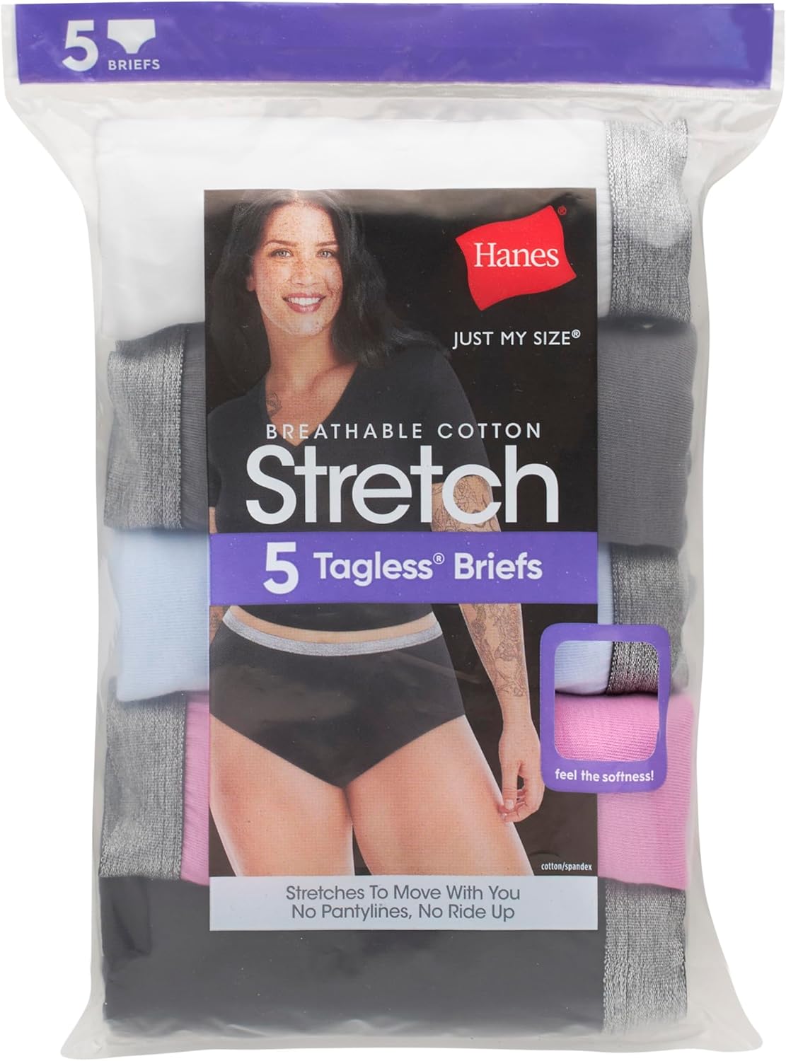 SMZ Women's Just My Size Brief Underwear, Cotton Stretch Brief Panties, Plus Sizes, 5-Pack