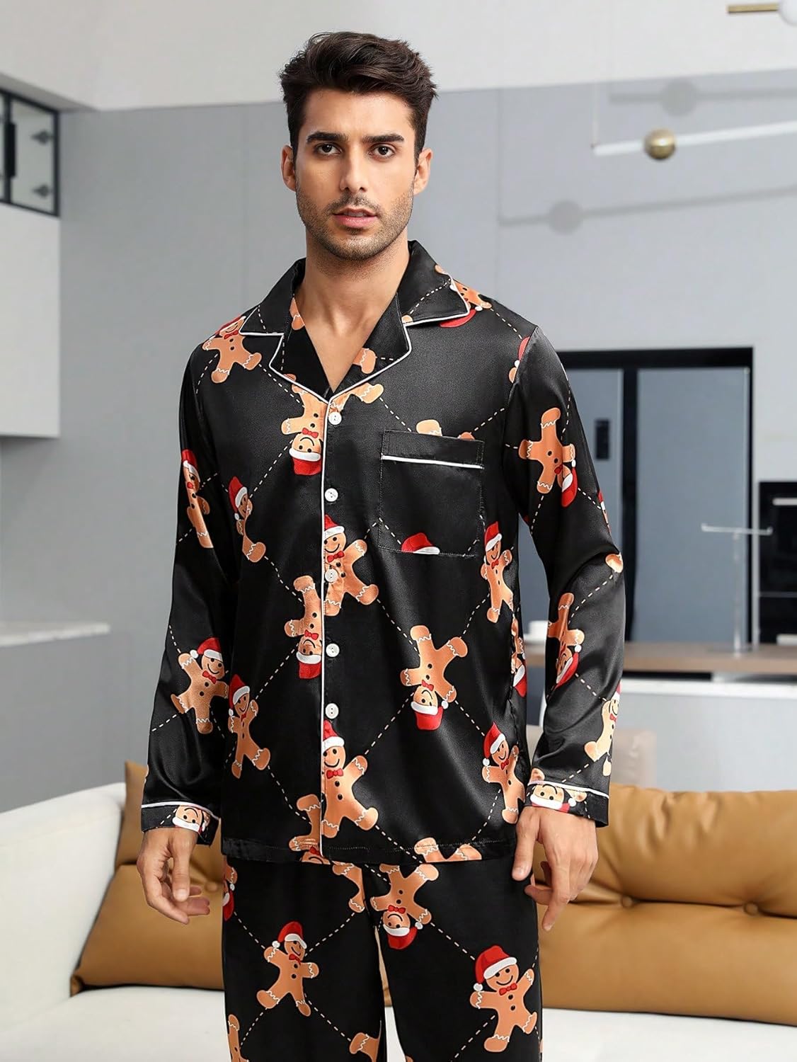 SMZ Men's 2 Piece Pajama Set Cartoon Graphic Long Sleeve Button Shirt and Pants Sleepwear Set