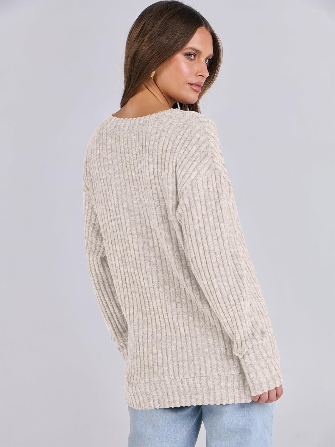 SMZ Long Sleeve Shirts for Women V Neck Casual Fall Tops Loose Fit Lightweight Sweaters Tunic Fashion 2024 Clothes