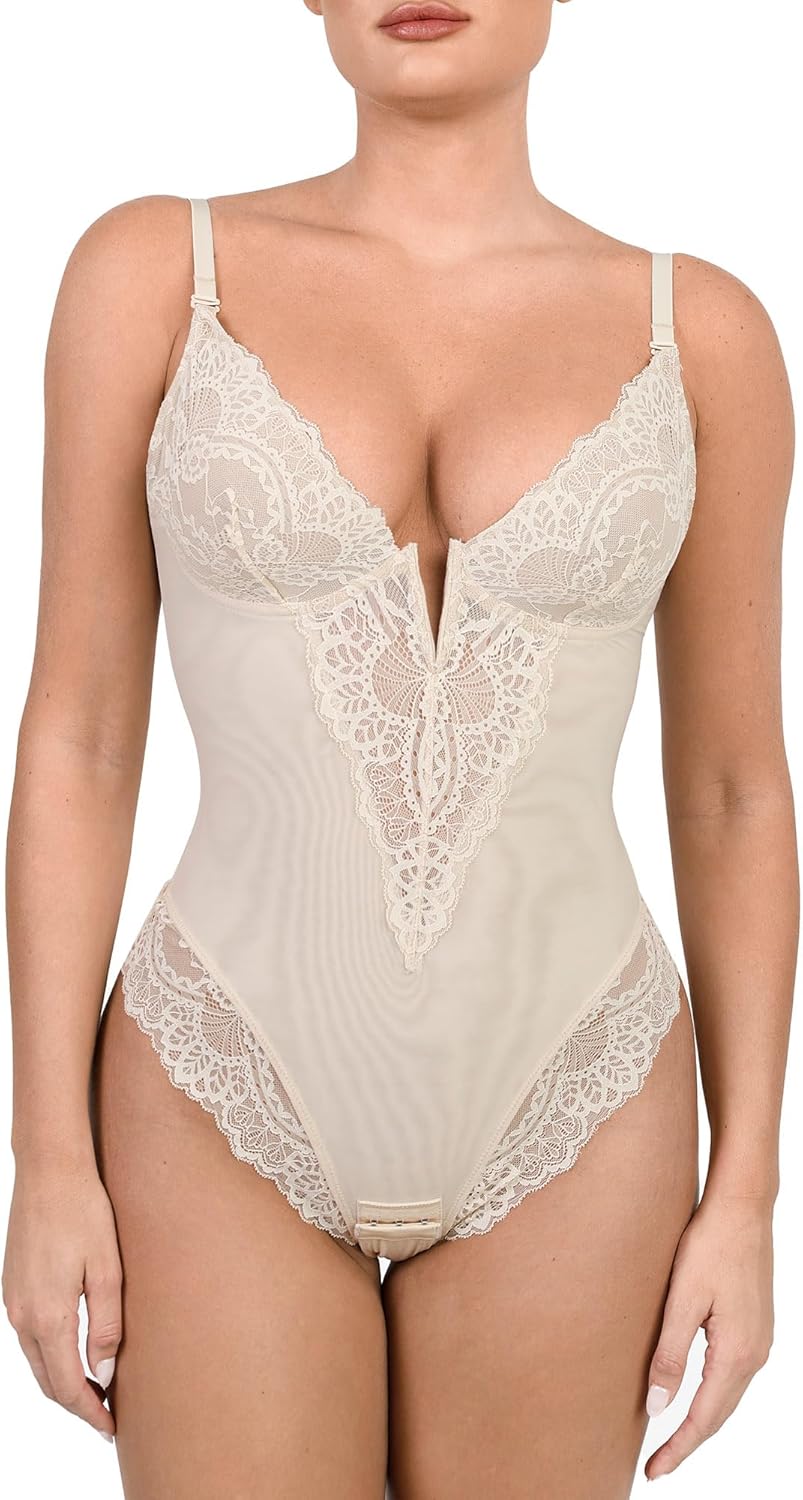 Lace Shapewear Bodysuit Tummy Control Corset Tops V Neck Sleeveless Backless Body Suit Thongs
