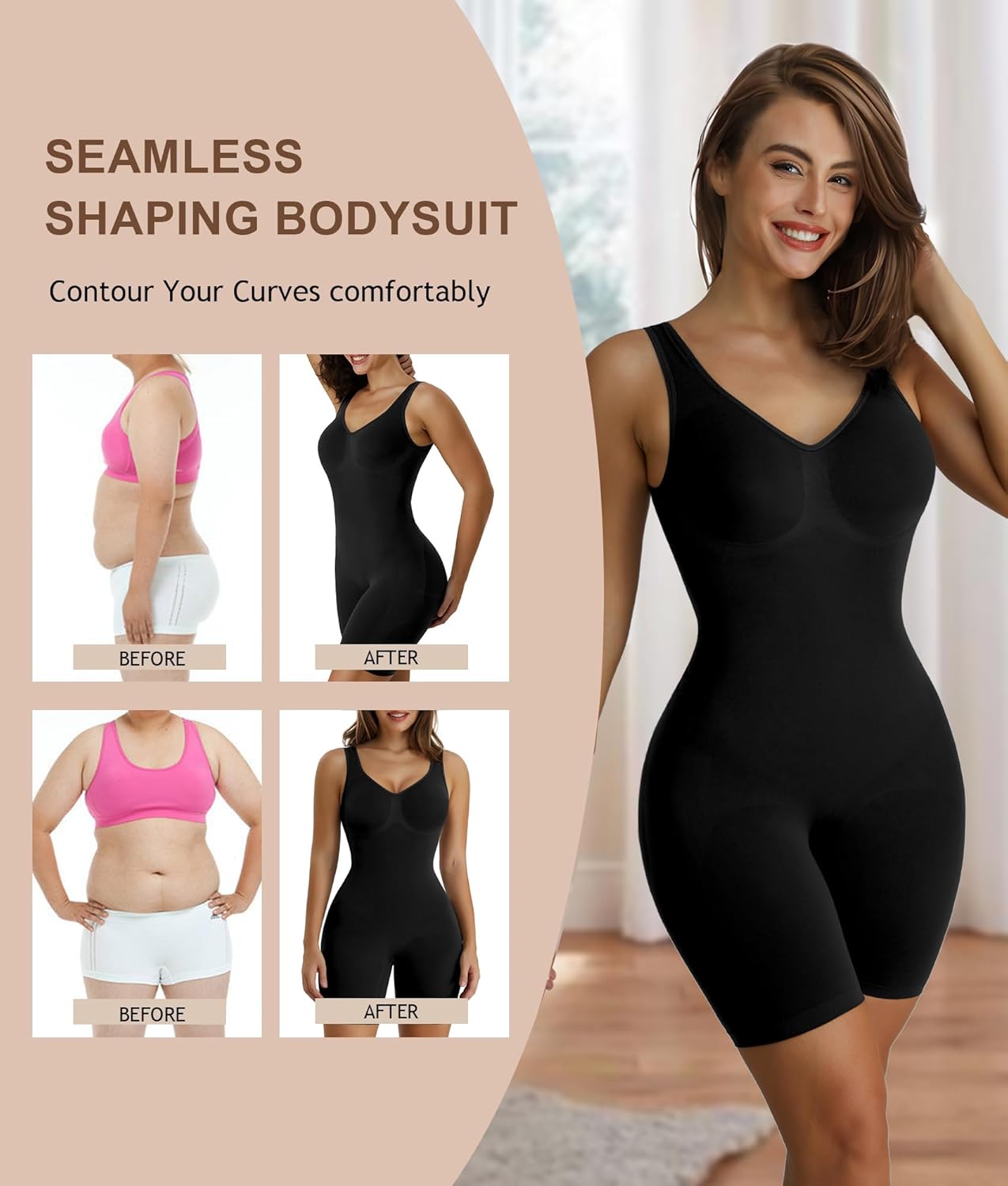 SMZ Women's Shaping Mid-Thigh Bodysuit Tummy Control Shapewear Seamless Sculpting Body Shaper