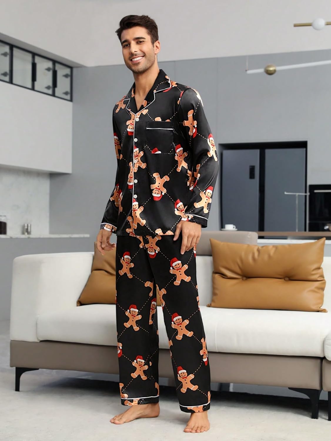 SMZ Men's 2 Piece Pajama Set Cartoon Graphic Long Sleeve Button Shirt and Pants Sleepwear Set