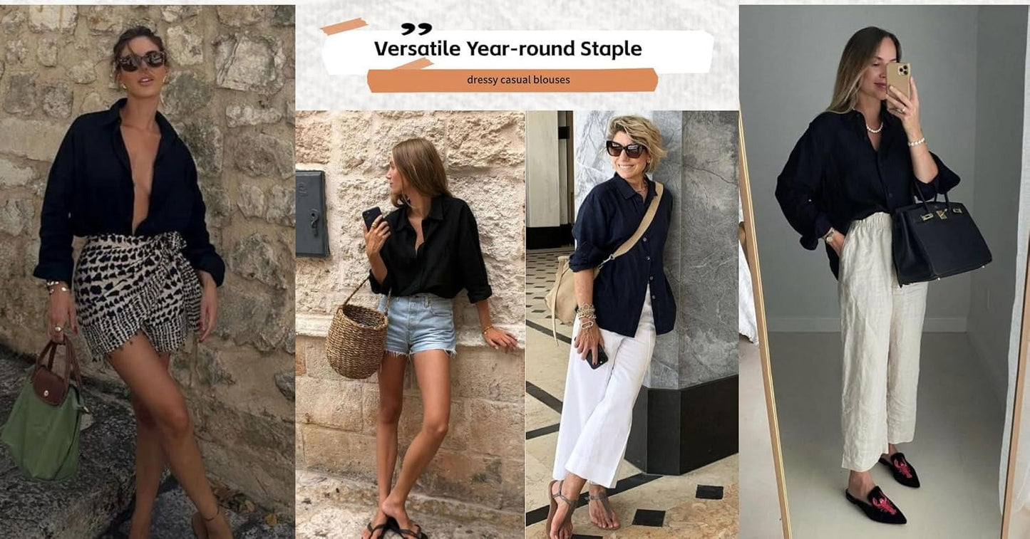 SMZ Womens Linen Button Down Shirts Long Sleeve Cotton Gauze Tops Casual Collared Blouses Loose Fit