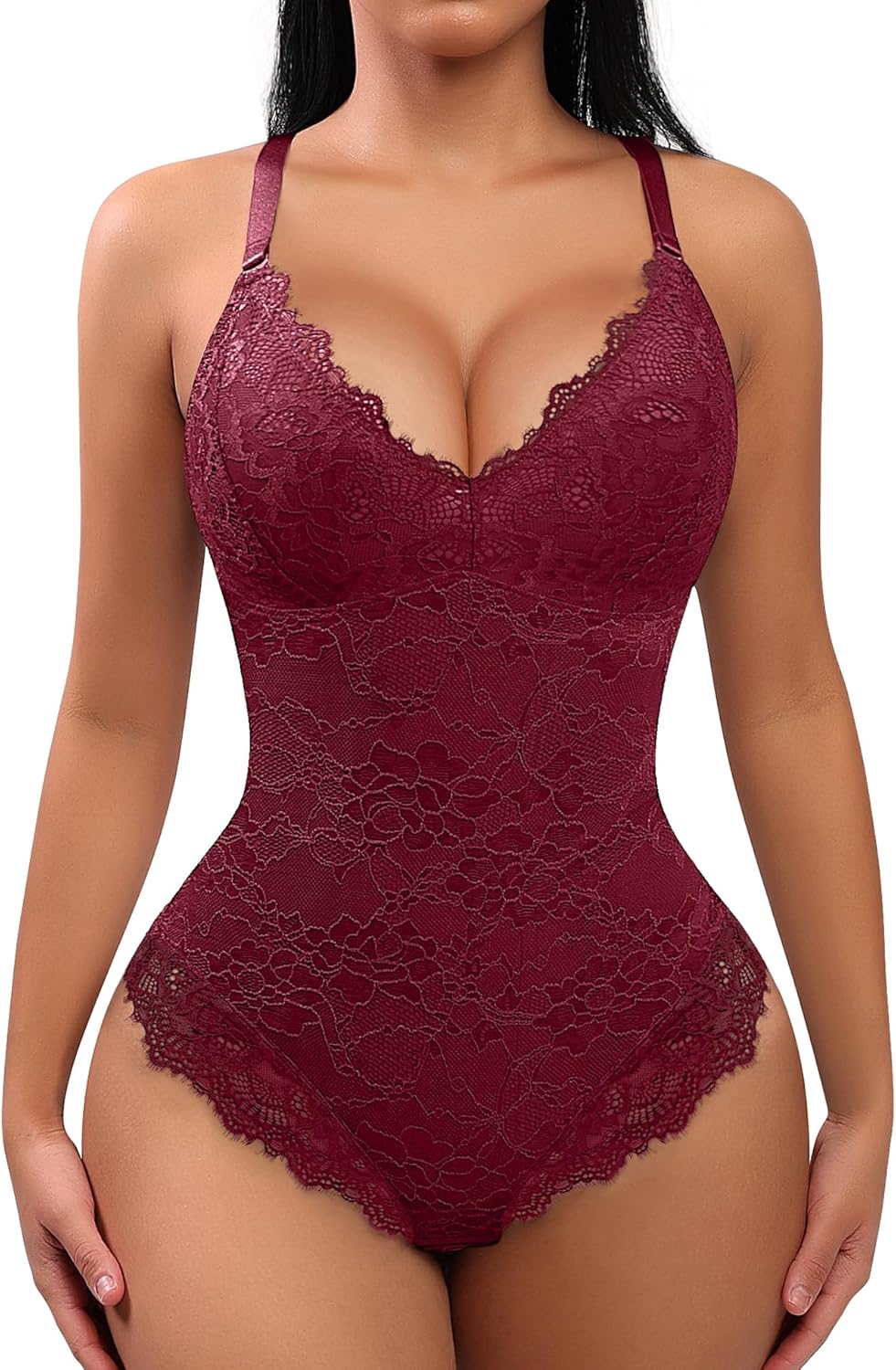 Shapewear Bodysuits for Women Lace Shapewear Tummy Control V-Neck Sleeveless Bodysuit Tops Jumpsuit