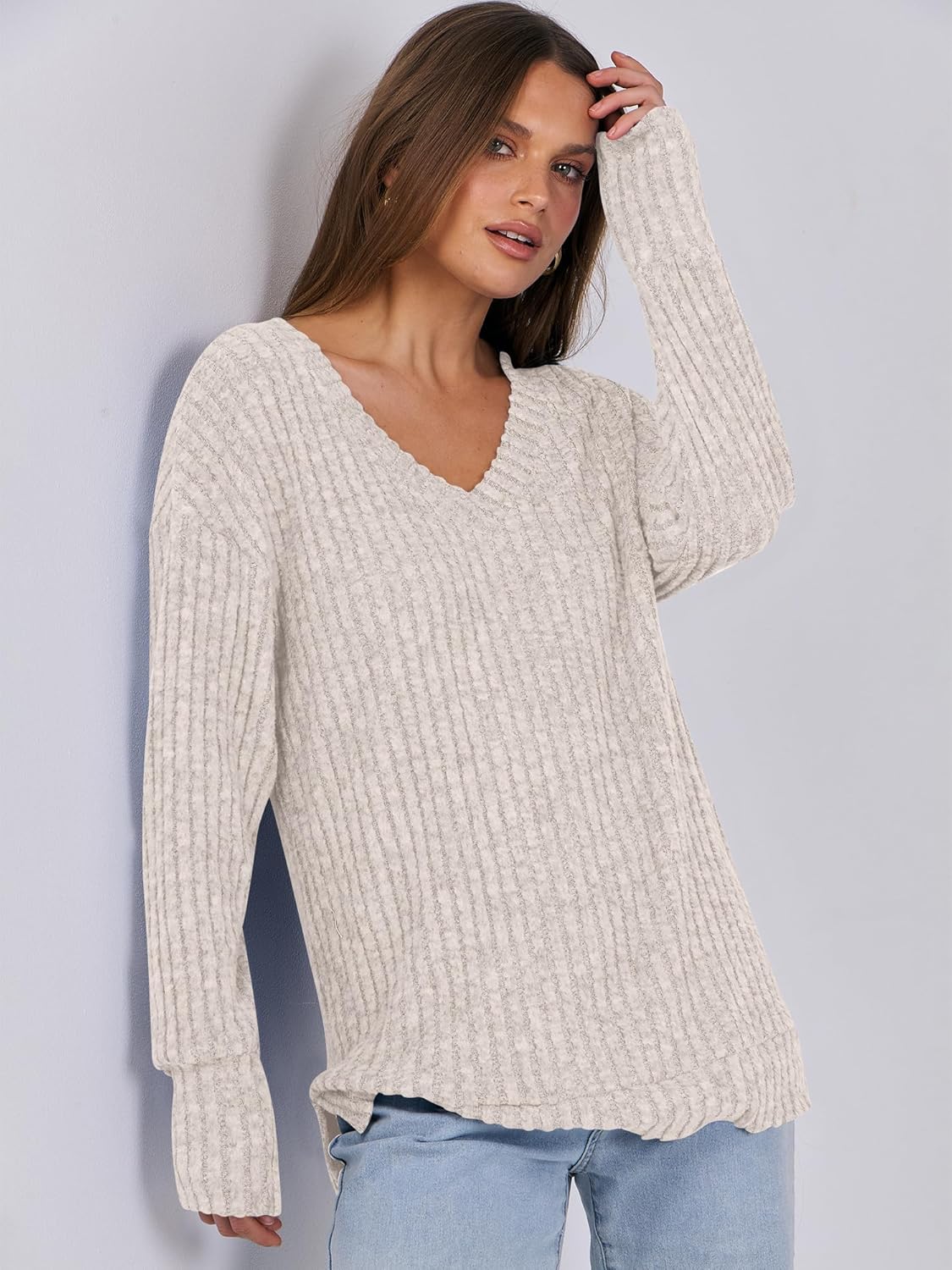 SMZ Long Sleeve Shirts for Women V Neck Casual Fall Tops Loose Fit Lightweight Sweaters Tunic Fashion 2024 Clothes