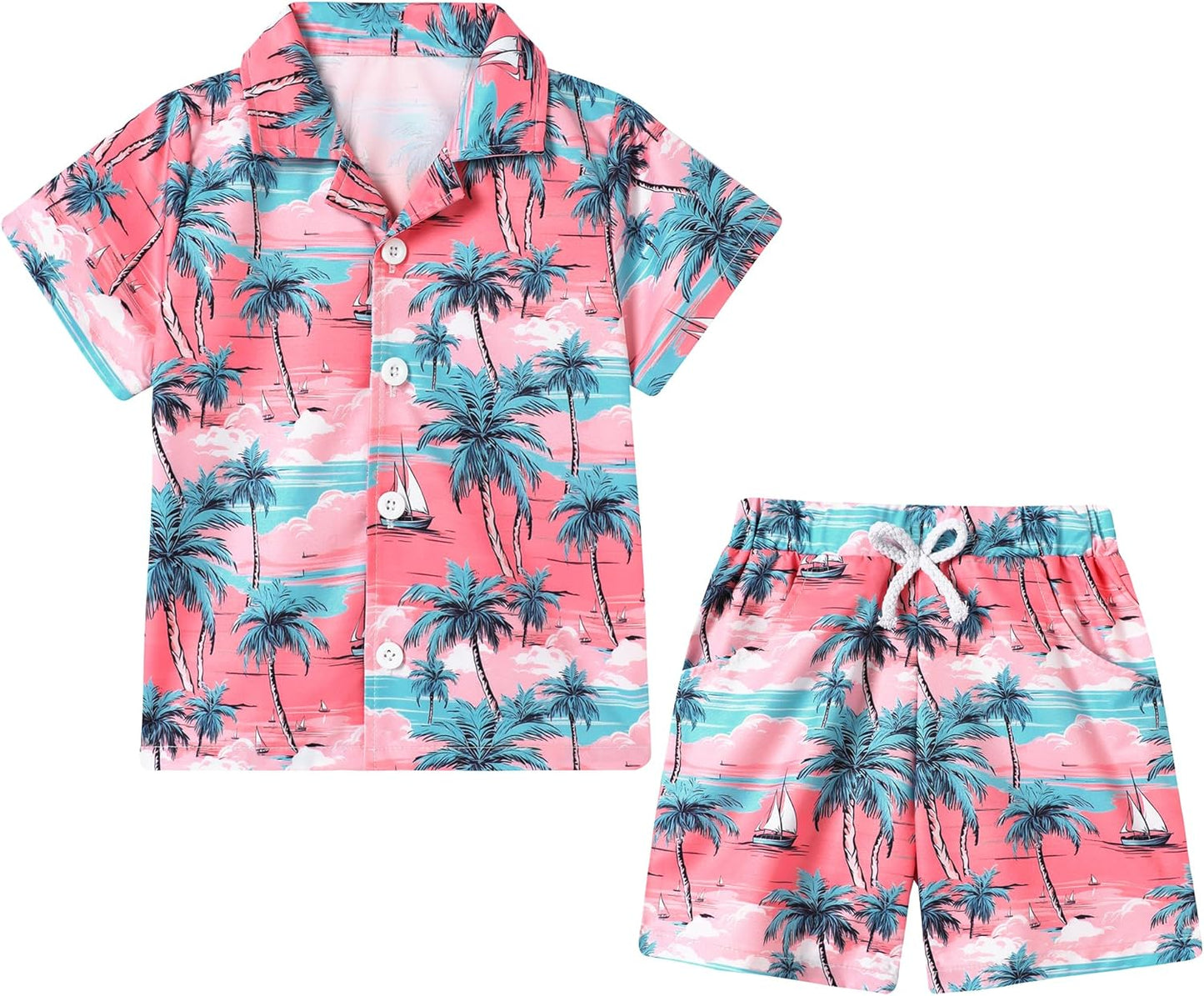 Boys Hawaiian Outfit 2Pcs Set Summer Beach Button-Down Shirt Top + Shorts for Kids 2-7 Years