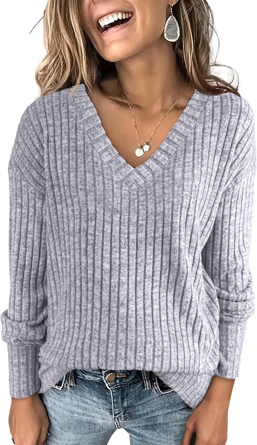 SMZ Long Sleeve Shirts for Women V Neck Casual Fall Tops Loose Fit Lightweight Sweaters Tunic Fashion 2024 Clothes