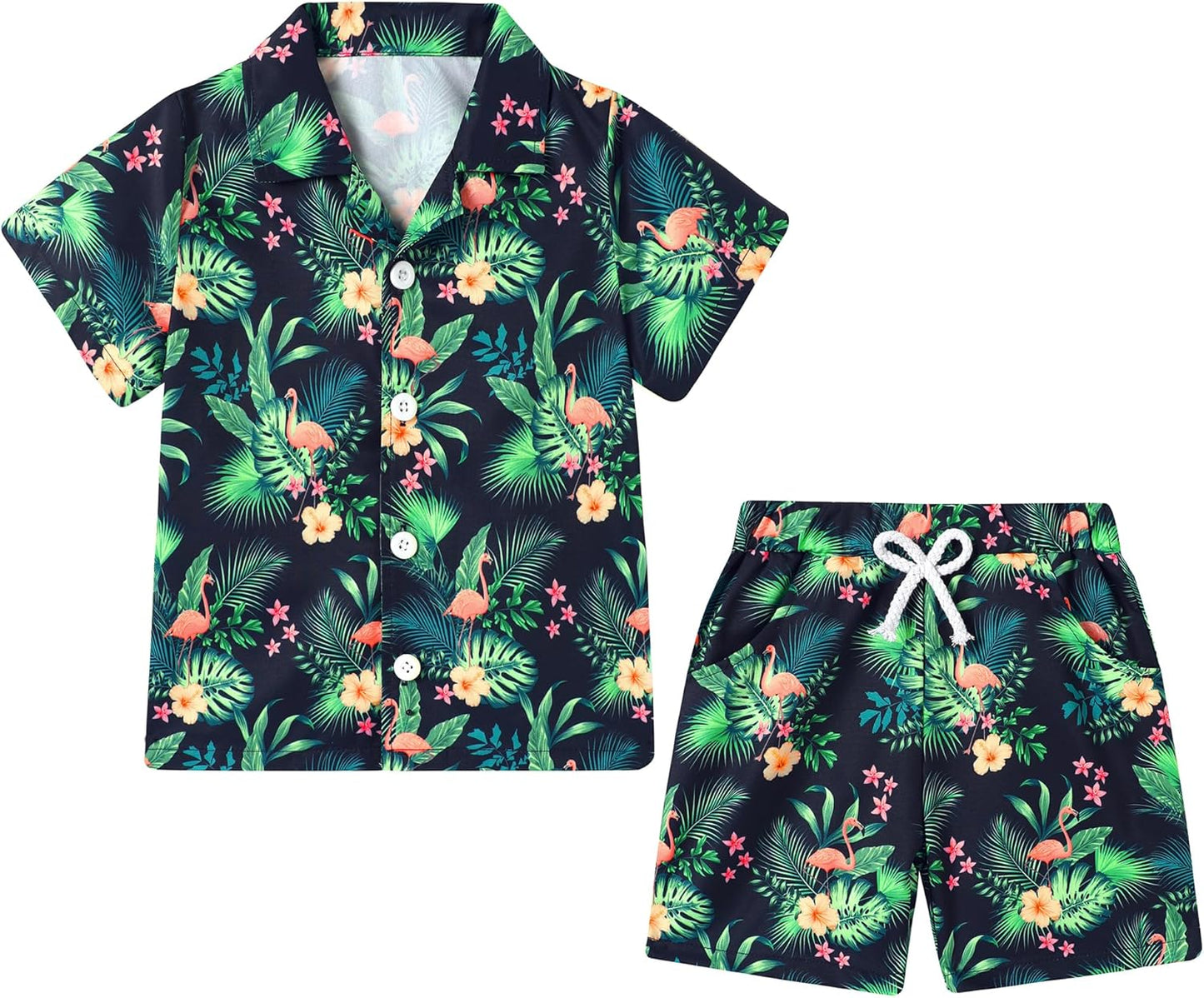 Boys Hawaiian Outfit 2Pcs Set Summer Beach Button-Down Shirt Top + Shorts for Kids 2-7 Years