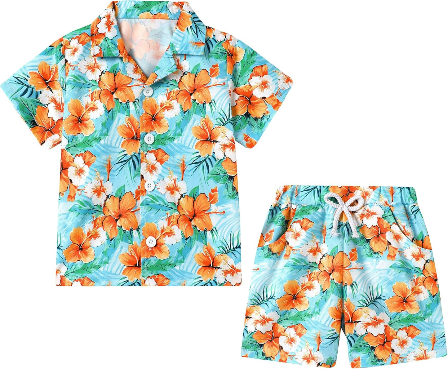 Boys Hawaiian Outfit 2Pcs Set Summer Beach Button-Down Shirt Top + Shorts for Kids 2-7 Years