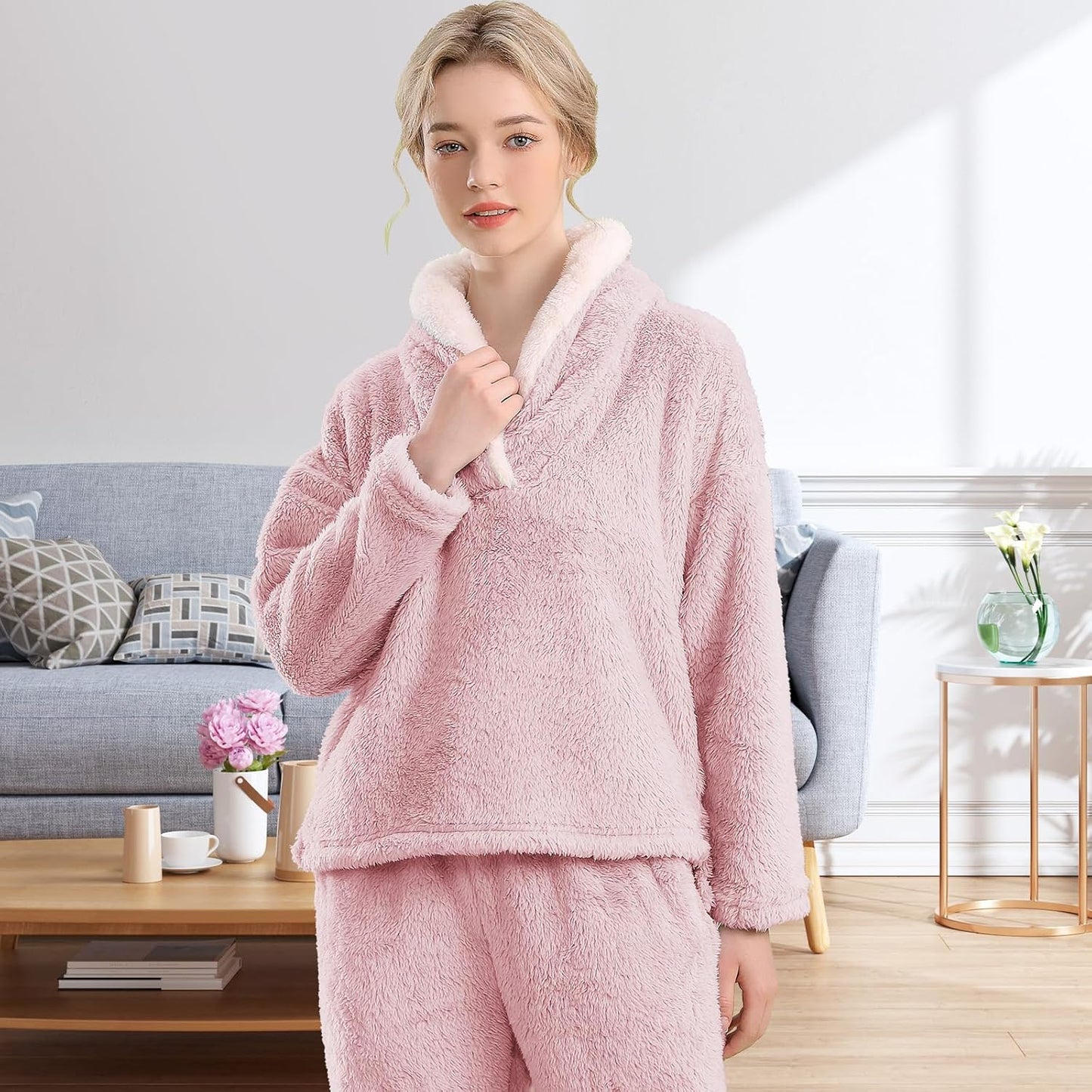 SMZ Pajamas Set for Women Soft Comfy Fleece Pjs Pullover Pants Loose Plush Sleepwear Fuzzy Loungewear for Winter