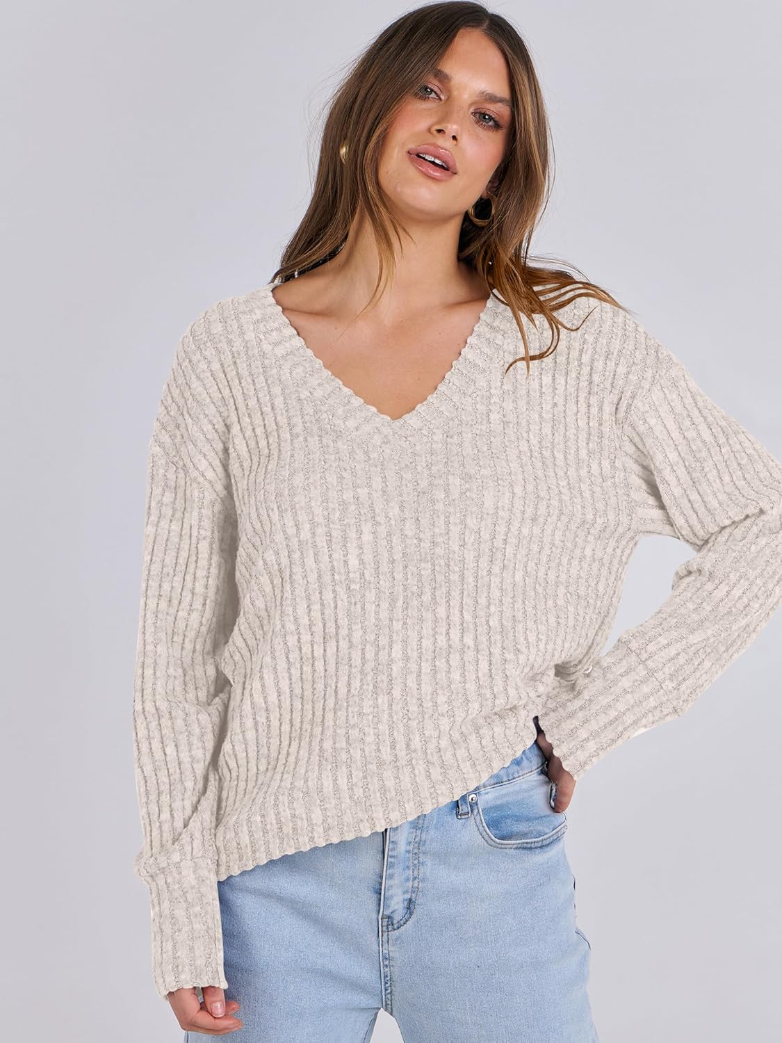 SMZ Long Sleeve Shirts for Women V Neck Casual Fall Tops Loose Fit Lightweight Sweaters Tunic Fashion 2024 Clothes