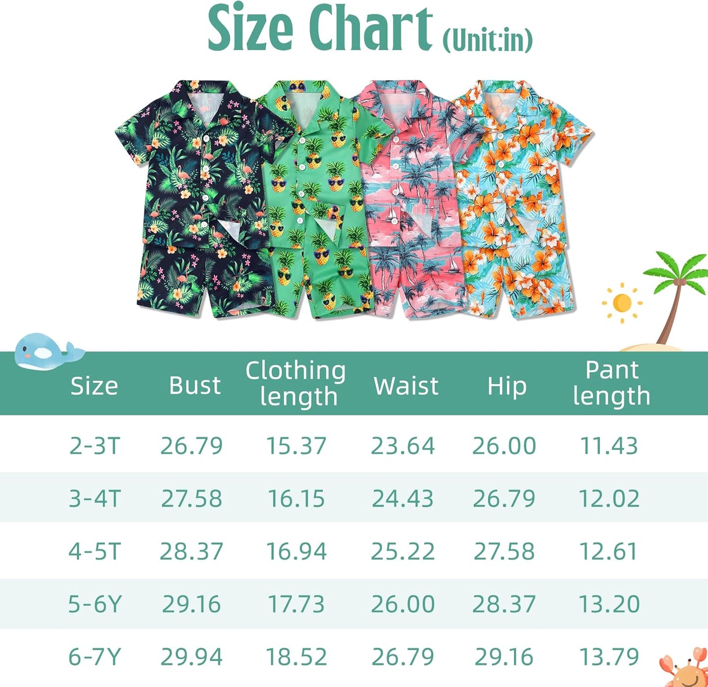 Boys Hawaiian Outfit 2Pcs Set Summer Beach Button-Down Shirt Top + Shorts for Kids 2-7 Years