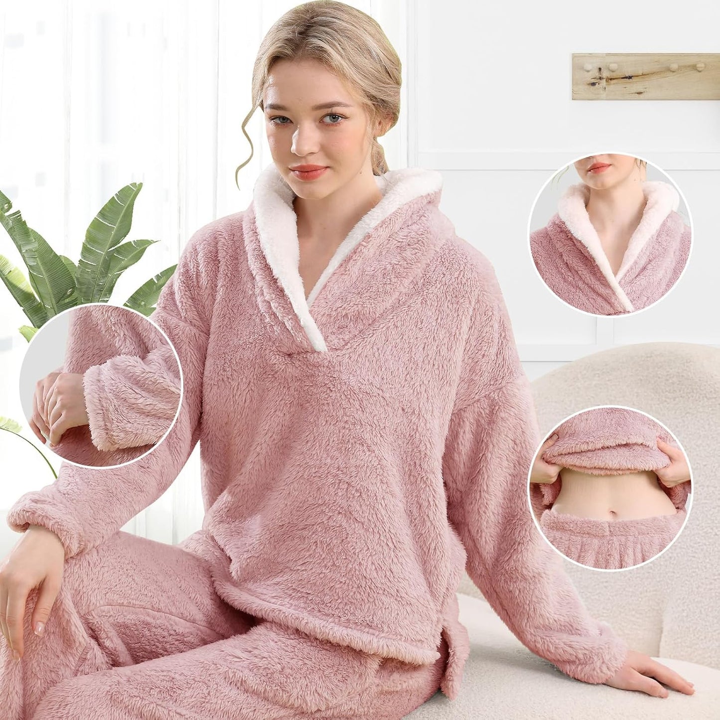 SMZ Pajamas Set for Women Soft Comfy Fleece Pjs Pullover Pants Loose Plush Sleepwear Fuzzy Loungewear for Winter